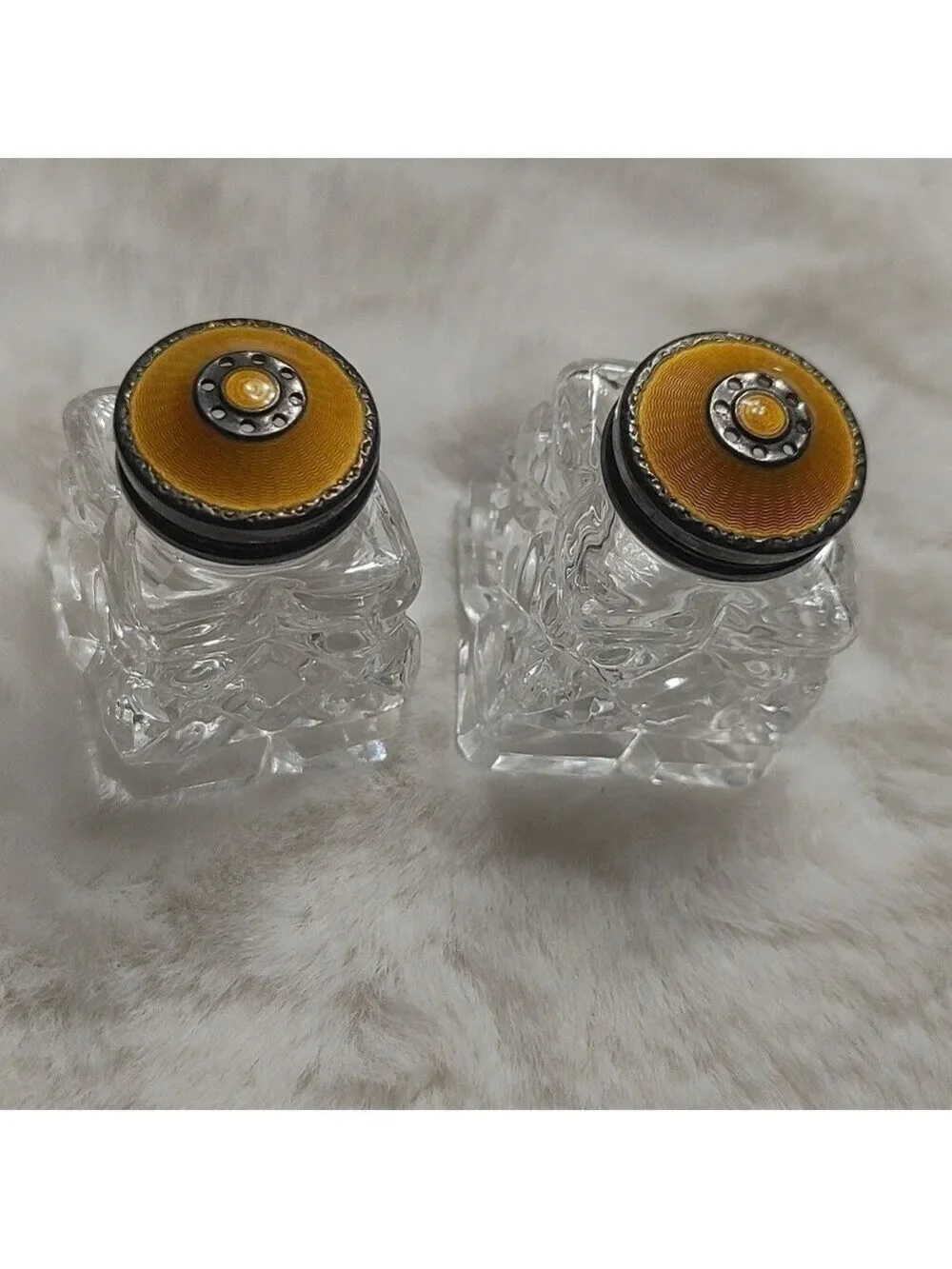 Pair of Vintage Norway Sterling and Guilloche Enamel Crystal Salt & Pepper Shake